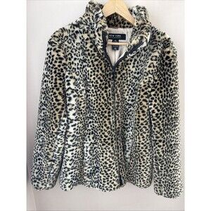 New York & Company Women’s L Leopard Faux Fur Jacket Beige Black Coat